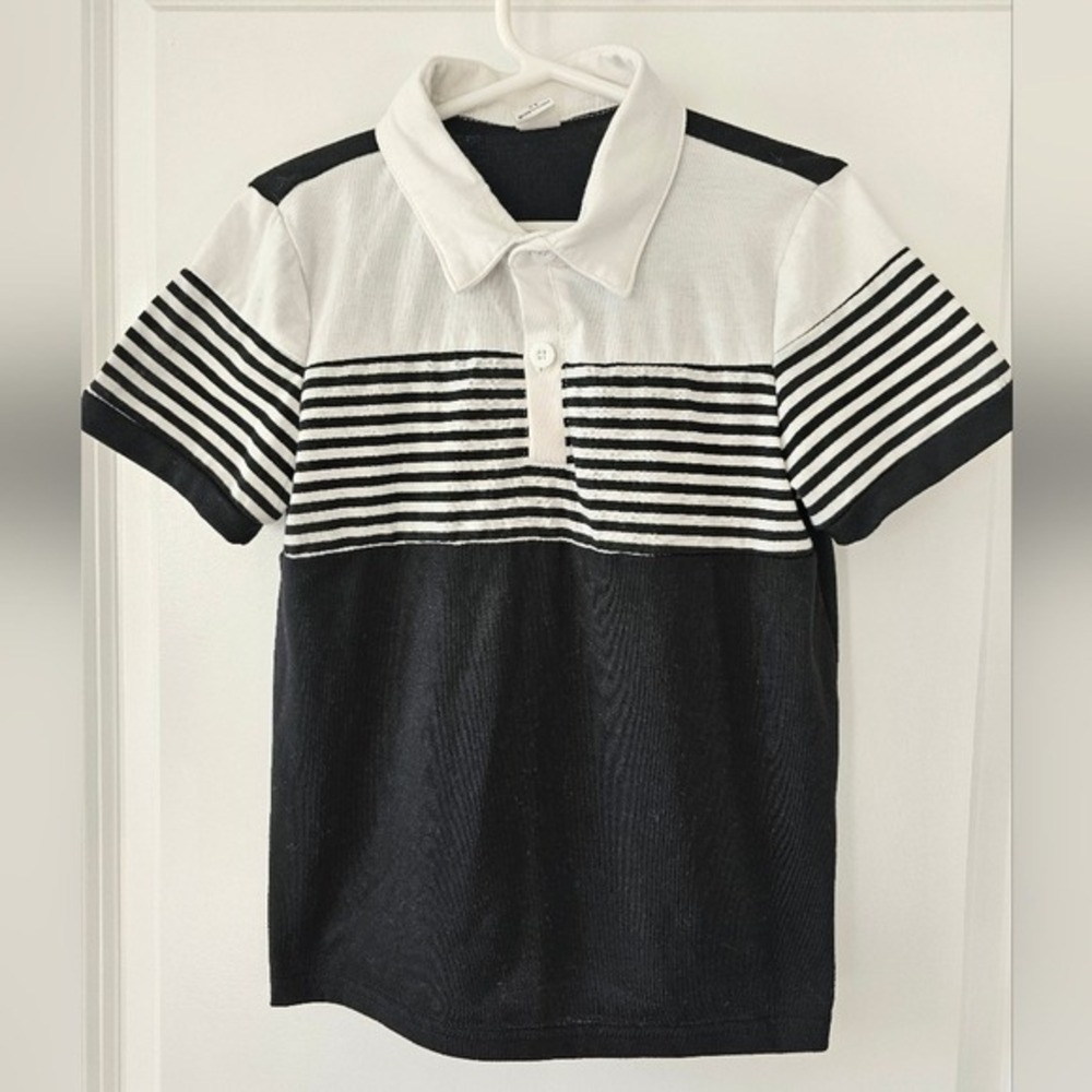 Boys sz 7Y Black White‎ Striped Short Sleeve Collared Polo Shirt Holidays School